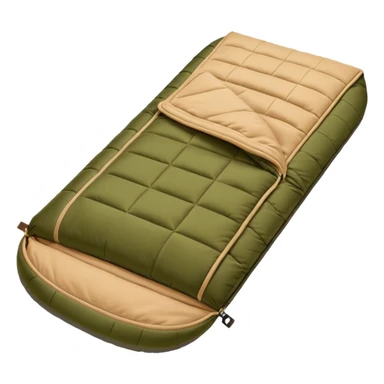 sleeping bag in blue/yellow to olive & tan (#7D7A52 / #E1C699). sticker