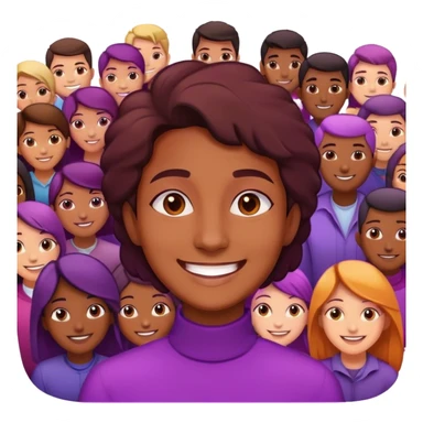 A charismatic person glowing in center of a room, radiating a violet warm bright aura glow, he is attracted smile with a lot of people around sticker