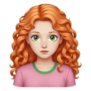 white pale girl with long curly orange hair, green eyes, pink shirt sticker