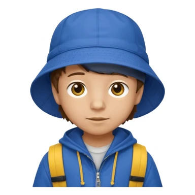 Little student, brown hair boy, wears blue bucket hat and jacket, yellow backpack, shy sticker