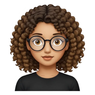 un chica con pelo rizado tiene hecha una coleta y con dos rizos sueltos en la parte de alante que le llega hasta el cuello. luego pil un poco morena ojos marrones y tiene gafas negras y son exagonales pero un poco redondeadas. sticker