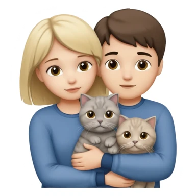 Blonde girl and brunette boy hugging a grey scottish fold cat sticker