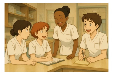 Four nursing students inspired by photos, collaborating warmly in a care station, Ghibli style. White short-sleeve uniforms, medical tunics with V-neck, left chest pocket, no classic collar, no stethoscopes, sleeves neat. Natural interaction in care station setting, warm team atmosphere. sticker