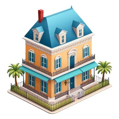 French Quarter mansion, isometric dollhouse-style, realistic sticker
