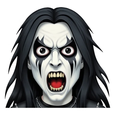 Black metal musician with corpse paint, long hair, screaming sticker