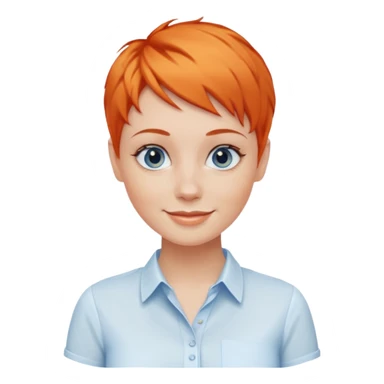 27 year old white woman, orange hair, pixie cut, blue eyes,  wearing a white blouse sticker