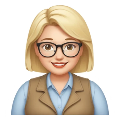 Plus size blonde woman wearing glasses and a vest, friendly smile sticker