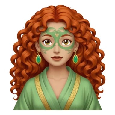 red haired very long curly haired woman with full face light green clay mask  and big earrings  sticker