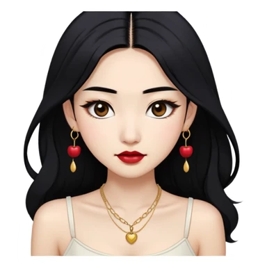 An Asian fair-skinned girl with long black hair (slightly side parted), with double eyelids, thick dark eyebrows, regular small nose, and natural regular lips. Makeup: dark eyelashes, cherry lipstick, and an eyeliner. Clothes: white spaghetti strap crop top and a golden modest necklace. sticker