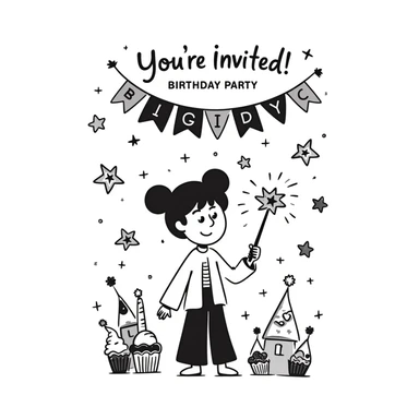 colorful magical themed birthday party invitation illustration with sparkles, wands, whimsical decorations, and the text: "You're Invited! Birthday Party at 100 Post St, San Francisco, May 10, 2025" sticker