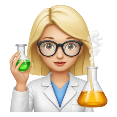 Eine hellblonde Chemikerin mit typischem Erlmeyerkoblben in der Hand und Chemiebrille auf sticker