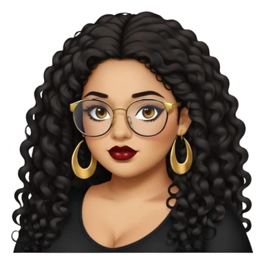 teen big plus size, latina, darker tan skin, gold earrings, long black curly hair, baddie,pretty, makeup, dark red lipgloss, black eyeliner, long hair, black top, black glasses sticker