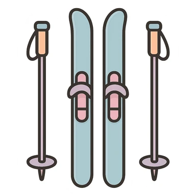 cross-country skis standing upright with poles on the sides, detailed shading, thin clean outlines, soft rounded features, pastel palette #98B5BC #B5B3C1 #C9A3C9 #E4C0CA #F7DCD1 #F7C0AA, Japanese pop art, sticker look, highly detailed, vector clarity, soft lighting, subtle shadows, transparent background sticker