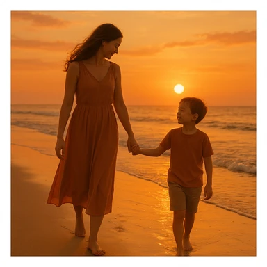 A mother and son walking hand in hand at the beach during sunset, warm colors, peaceful atmosphere sticker