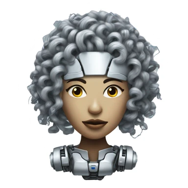 Silver curly hair female cyborg head with mask and circuits sticker