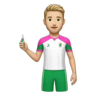 A white young man wearing Algeria's pink football shirt holding an electronic cigarette sticker