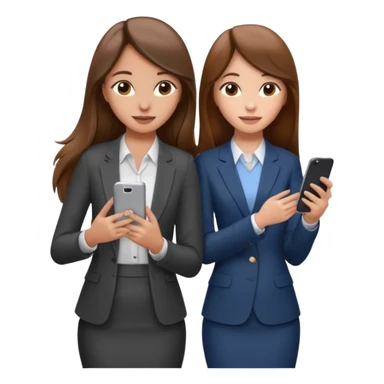 two brown haired girls, looking professional maybe leaned on each others back and looking forward and using phones, with long hair and one girl can hold lap top another one can hold the phone, professional clothes, more stylish sticker