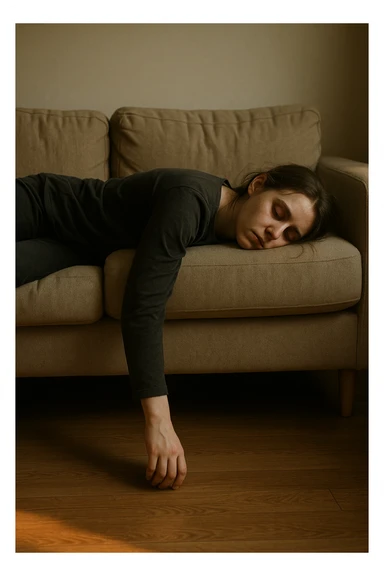 Empathetic photorealistic shot of a woman collapsed on a sofa, her body completely limp as if made of lead. One arm hangs off the edge, touching the floor. Her eyes are closed, face pale with dark circles. The afternoon light is warm but fails to energize the scene, emphasizing her profound exhaustion. sticker