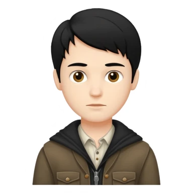A white boy with black hair, wearing old clothes and a beautiful style sticker