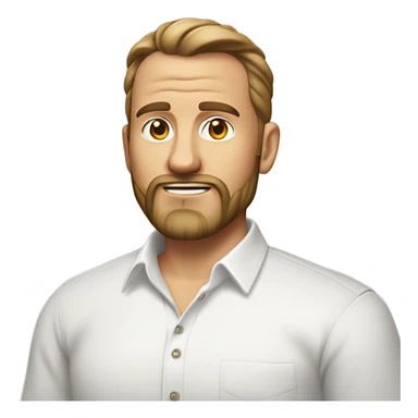 middle aged english man, short slicked back hair dark blonde, dark blonde medium length size full beard, wearing only a plain white smart shirt unbuttoned. sticker