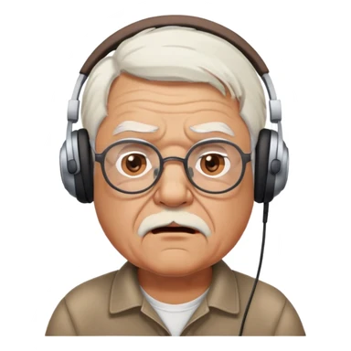Brown old man with medium white hair, wearing glasses and headphones, looking surprised and angry, no facial hair, chubby, looking to the upper left corner sticker