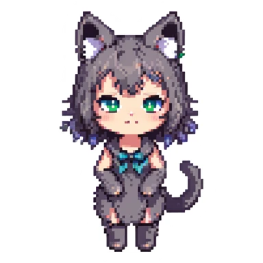 cat girl, pixel art style, chibi proportions, simple background, cat ears, playful sticker