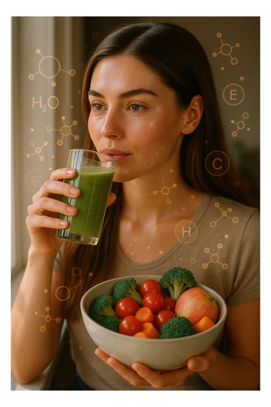 A highly realistic, cinematic portrait of a young woman in her late 20s with glowing, clear, healthy skin and a vibrant scalp with strong, shiny hair, symbolizing internal health reflecting outward. She has a calm, confident expression while sitting by a window with warm daylight softly illuminating her face, highlighting smooth, hydrated skin with a natural glow. Her hair appears clean, full, and strong, indicating a healthy scalp and balanced sebum production. She is drinking a glass of green smoothie rich in antioxidants and holding a bowl of colorful fruits and vegetables, symbolizing how internal nutrition supports skin and scalp health. Subtle, softly glowing overlays of molecular symbols for vitamins, minerals, and hydration molecules gently swirl around her, visually representing the concept of beauty and skin health from the inside out. Style: 35mm hyperrealistic film look, warm tones, soft depth of field, focusing on clear skin texture, healthy scalp, and vibrant hair to inspire holistic wellness sticker