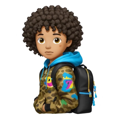 blasian teenager with curly hair, and bape x sprayground hoodie and sprayground backpack sticker
