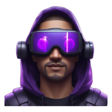 Cyberpunk style. Violet neon. Man with white skin in the black hoody with violet OMG VR logo on it wearing vr headset oculus quest 2 sticker