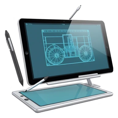 Create an emoji for 3D visualization and modeling. Show a large graphic tablet with a stylus drawing in a 3D modeling program, displaying a wireframe model that pops out from the screen. Use modern, professional colors. Do not include any emojis or smiley faces. Make the background transparent. sticker