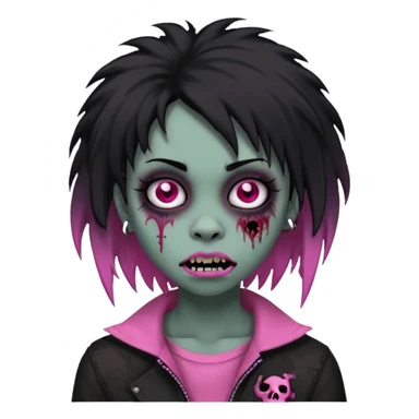 girl, zombie, black coily hair, medium long, emo, shaggy, dark, spooky, piercing on eyebrow, pink teeth, creepy blank expression sticker