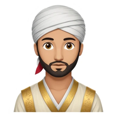 
-Apariencia: Joven de unos 25-30 años, atractivo,.
-Rostro: Ojos oscuros, piel ligeramente morena, rasgos árabes finos.
-Cabello: Negro, algo rizado o suelto, con barba fina.
-cuerpo entero  puede llevar una túnica más oriental, con faja y turbante sencillo sticker