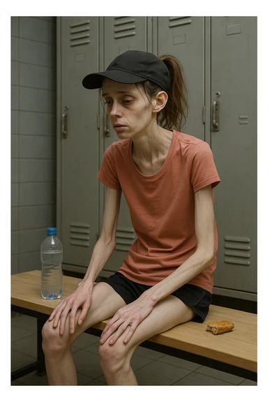 3D rendered scene: a woman in her 20s wearing running clothes sits on a bench in a locker room, looking exhausted and weak. Her face shows signs of fatigue, and her limbs appear thin and lacking muscle tone. A water bottle and a small, half-eaten snack are beside her, hinting at insufficient nutrition. The environment is realistic, with a focus on her physical and emotional state. sticker