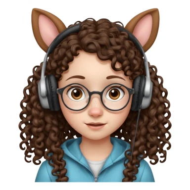 brunette kid with unique face features and very curly long hair kid girl neutral and very big nose and ears and dark eyes with freckles kind of nerd looking and headphone wearing sticker