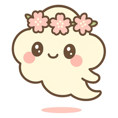 vanilla cloud doe with rosy cheeks, cherry blossom crown, floating witch-like grace, brand identity mascot for social media sticker