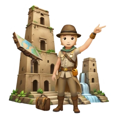 Icon for Documentary Film (TV style): A traveler pointing backward and narrating in front of ancient ruins. Include elements like historical landmarks, maps, and exploration tools to evoke a sense of adventure. Transparent background. sticker