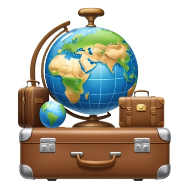 An icon featuring a suitcase, a hotel bell, and a globe, symbolizing tourism and hospitality. The design includes a scenic landmark, like a mountain or beach, and a check-in desk, representing travel and accommodation services. Transparent background sticker