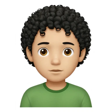 Curly, dominican boy, Phototype II, black hair, with green shirt sticker
