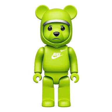 classic bearbrick toy with squared head, wearing a bright lime balaclava with Nike swoosh logo on it, pronounced eyebrows, blocky bear design sticker