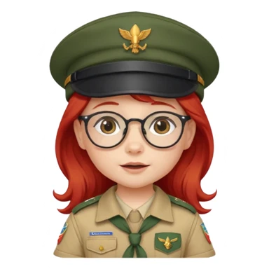 scout girl baby with uniform including the hat,  little with glassess and long red hair sticker