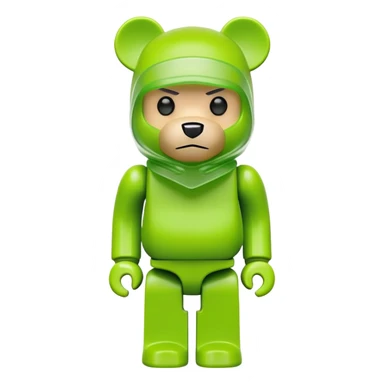 classic bearbrick toy figure with cubic head, wearing a lime green balaclava with clear aggressive eyebrows, blocky bear design not monkey sticker