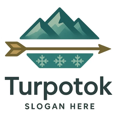 Modern minimalist logo for Turpotok with a stylized Kurai arrow, Ural Mountains silhouette, and subtle Bashkir ornamentation. Text 'Turpotok' in a modern sans-serif font with optional slogan. Color palette reflecting Bashkir culture and natural beauty sticker