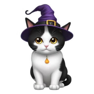 Black and white munchkin cat with a witch hat sticker