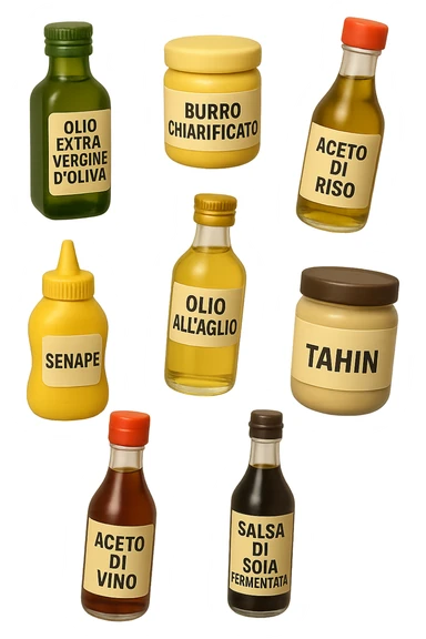 emoji stile iphone 3d di questi elementi che fluttuano in aria sparsi casualmente:

Olio extravergine d’oliva, burro chiarificato
Olio all’aglio (senza pezzetti)
Aceto di vino, aceto di riso, senape, tahin
Salsa di soia fermentata (senza aglio/cipolla)


 che fluttuano sparse casualmente in aria, le etichette dei prodotti scrivile in italiano, iperealistico 4k sticker