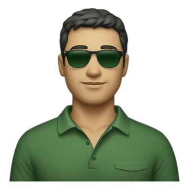  a man with short dark hair and fair skin, wearing sunglasses and a dark green polo shirt sticker