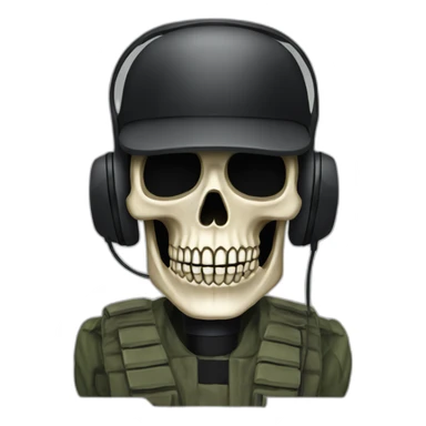 Military Skeleton mask with a long black mask underneath it and headset with a microphone sticker
