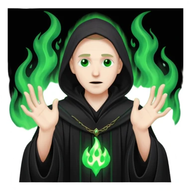 A dark sorcerer in flowing black robes, conjuring eerie green flames sticker