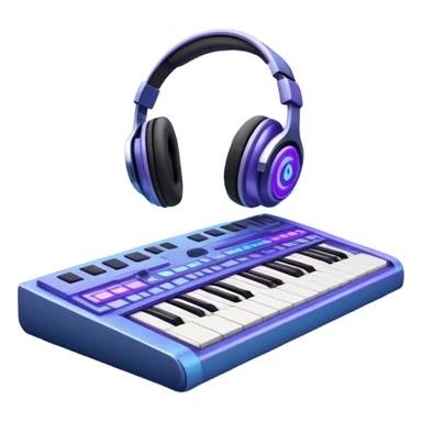 Create a sleek and modern emoji that represents sound design. The design should feature sound waves made from musical notes, a sound mixing console, and a pair of studio headphones to symbolize the process of creating and shaping sound. Include elements like a synthesizer or audio effects buttons to highlight the creative tools used in sound design. Use futuristic colors like neon blue, purple, and silver to convey the cutting-edge, experimental nature of sound creation. The background should be transparent. sticker