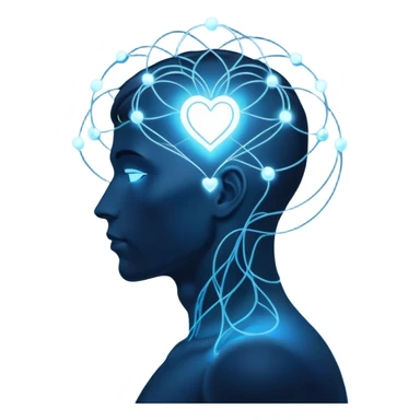 elegant man silhouette with delicate interconnected lines and floating orbs, luminous cores at head and heart, soft white-blue light sticker