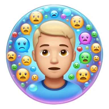 Realistic emoji-style man trapped inside a glowing filter bubble. The bubble contains identical social media icons and repeating content symbols. Outside the bubble are colorful diverse icons he cannot see. The man looks comfortable but unaware, expressing narrow perspective. sticker